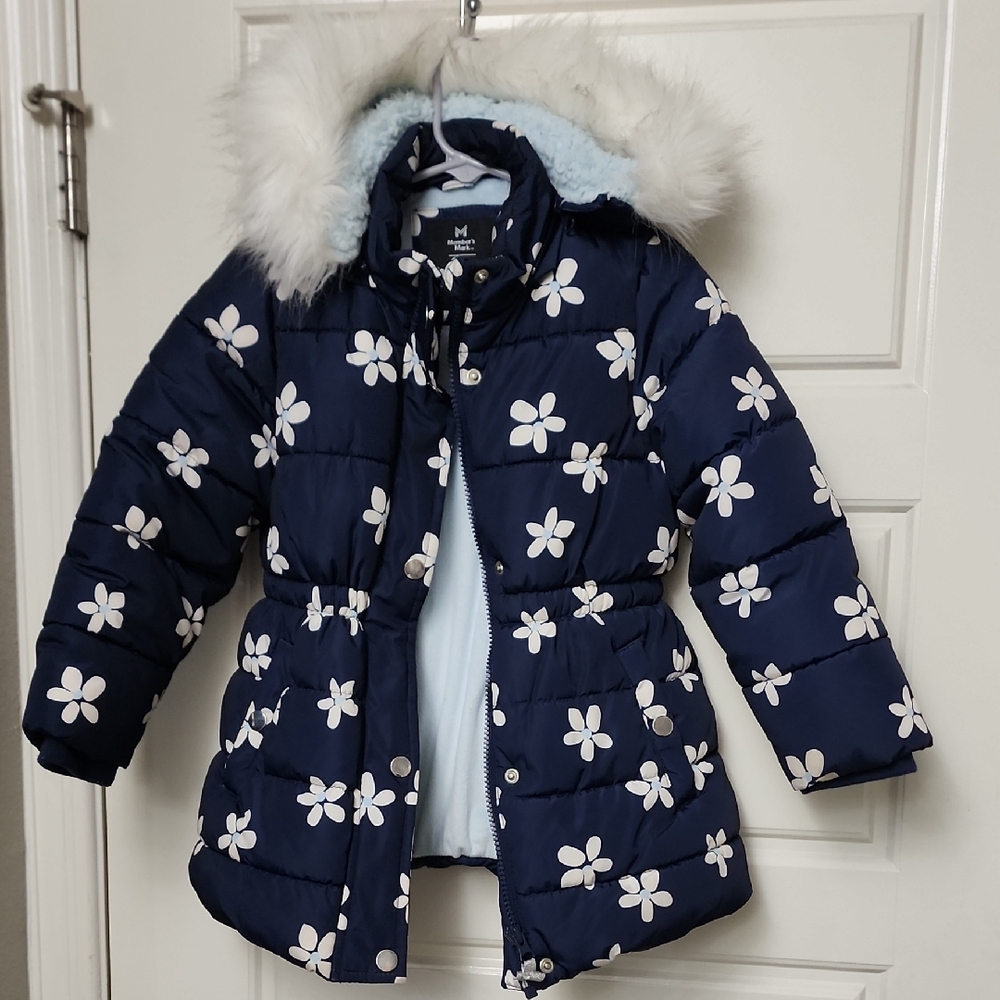 Floral Puffer Jacket with Faux Fur Hood